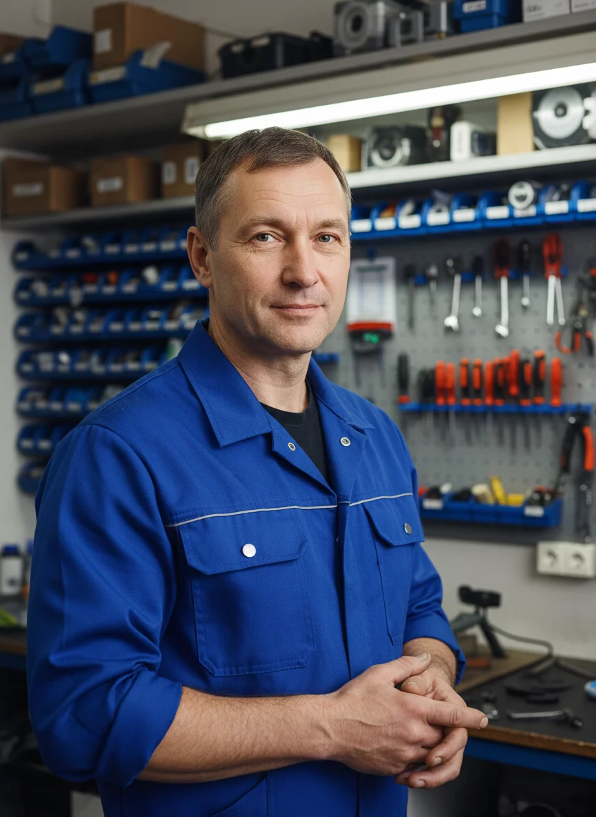 Professional male appliance repair technician in blue uniform, confident portrait, workshop background