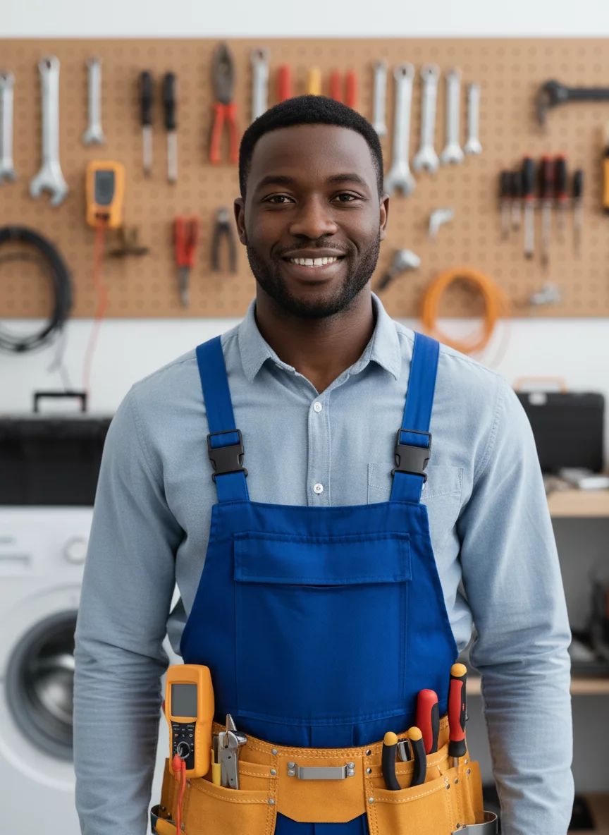 Professional male appliance repair specialist in work clothes, friendly smile, tools in background african american man head center photo