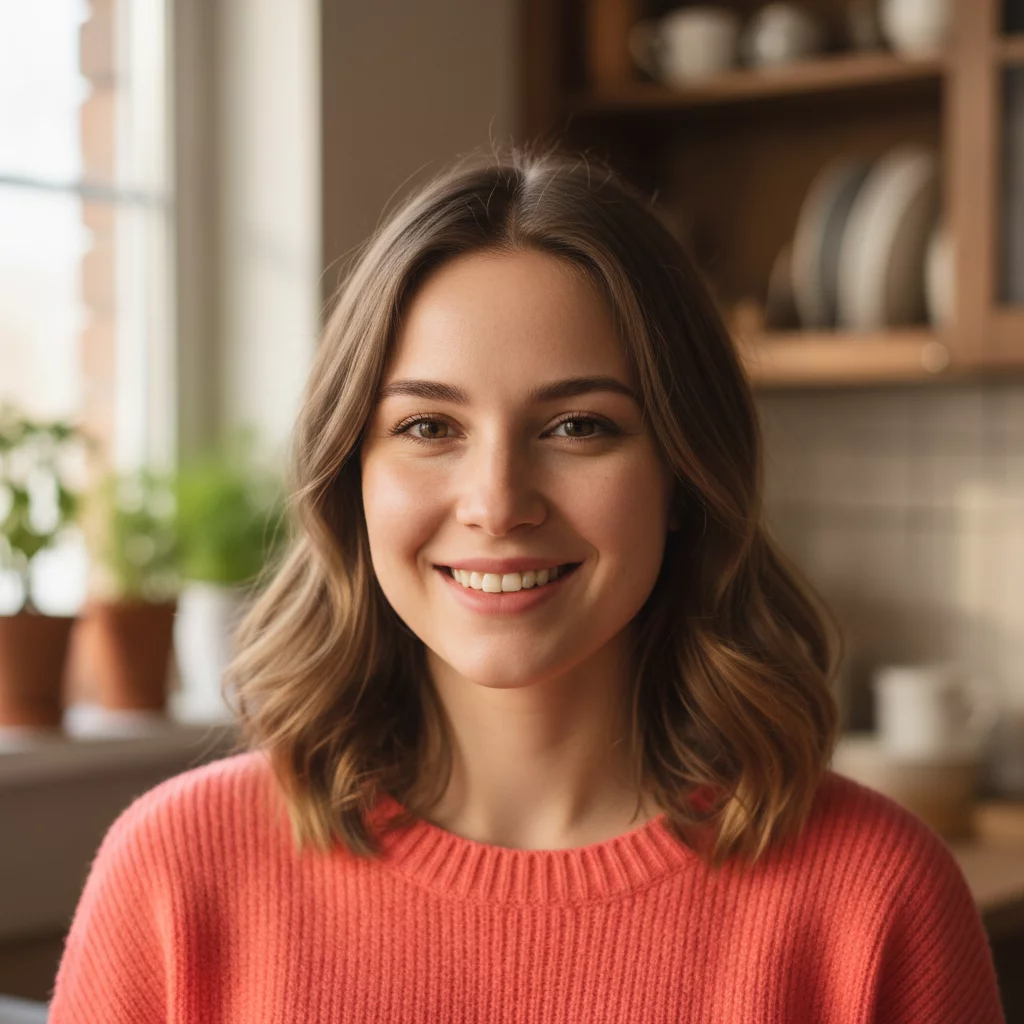 Happy female customer portrait, young woman, bright casual outfit